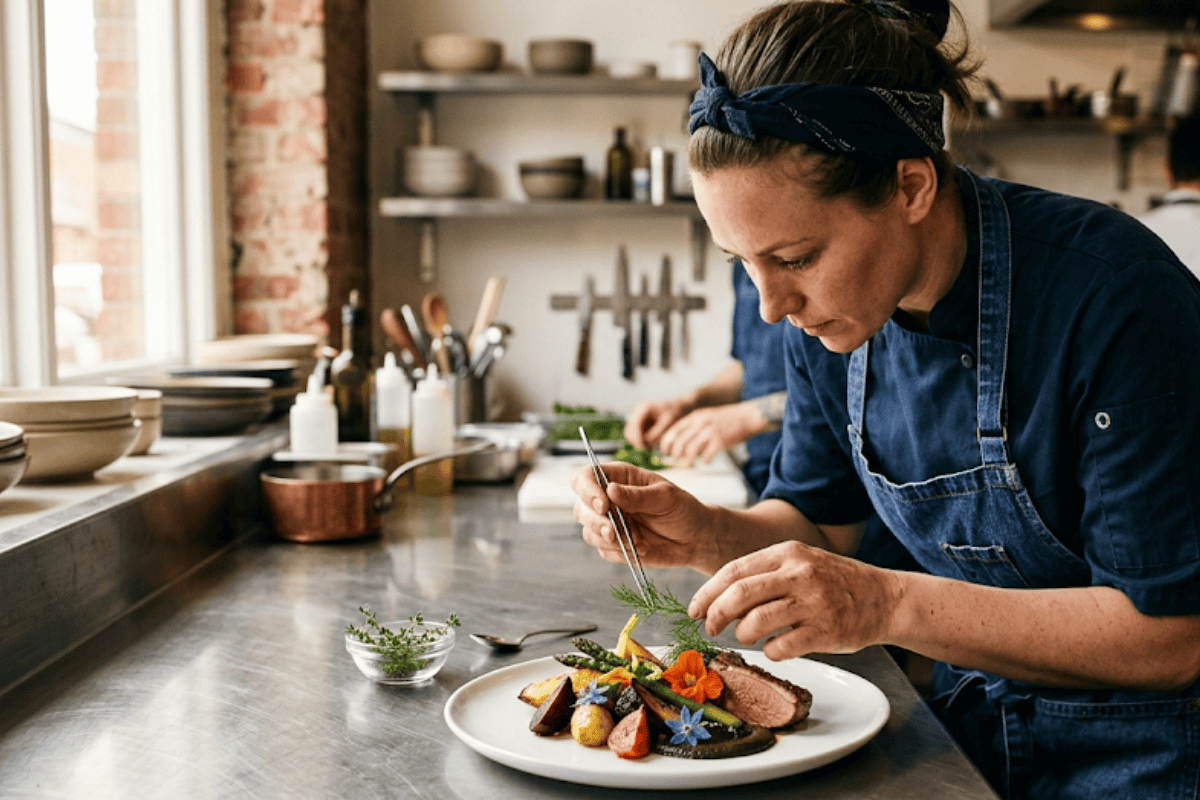 Chef plating a seasonal dish in a chef-driven restaurant kitchen in Tulsa