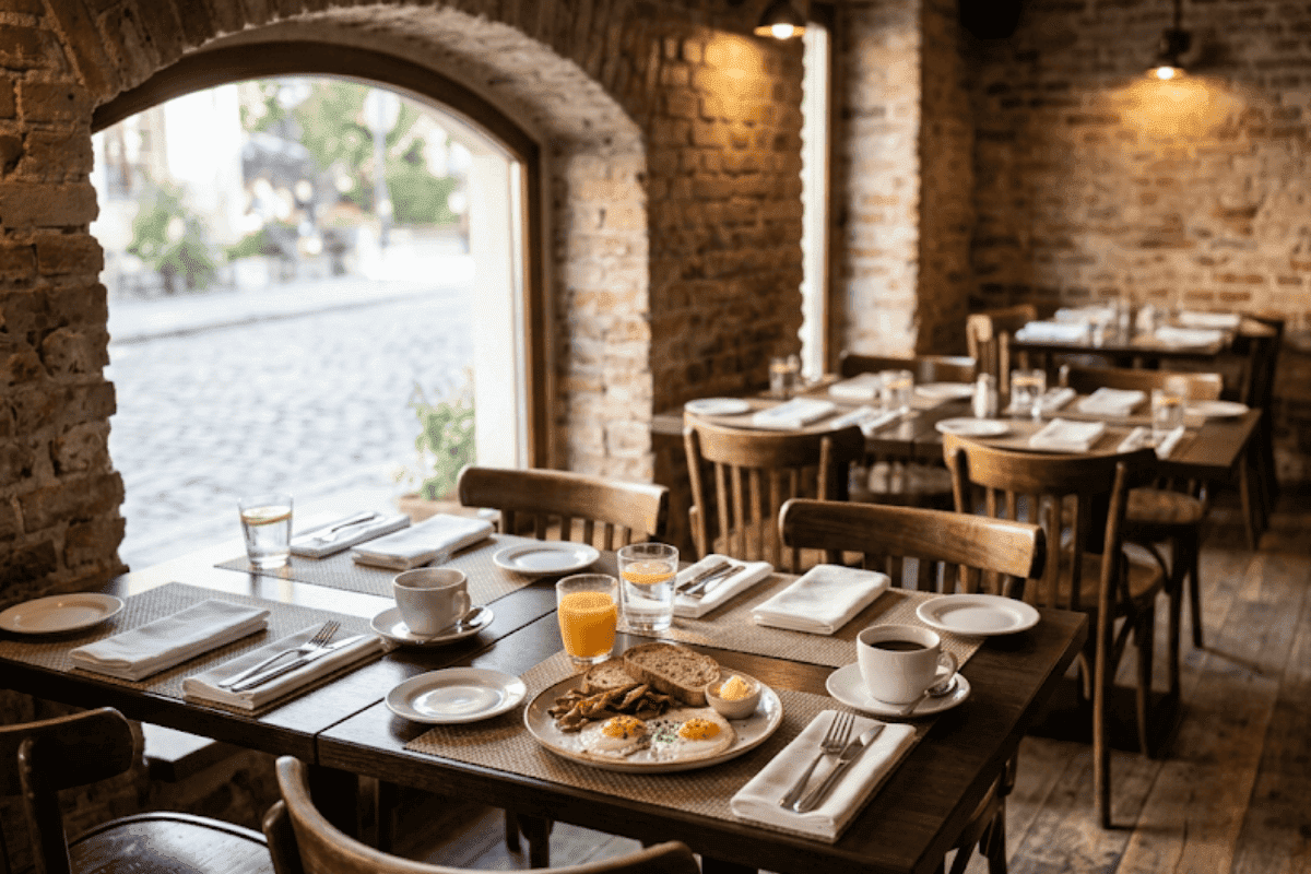 Brick-walled dining room with set tables and an arched window for brunch in downtown Tulsa