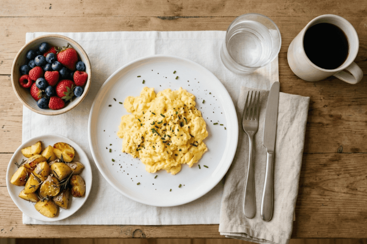 Gluten free brunch plate of scrambled eggs, potatoes, berries and coffee in Tulsa