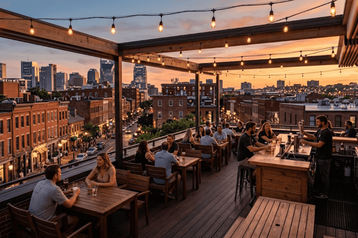 Roof Sixty-Six rooftop patio at sunset overlooking the Blue Dome District in Tulsa